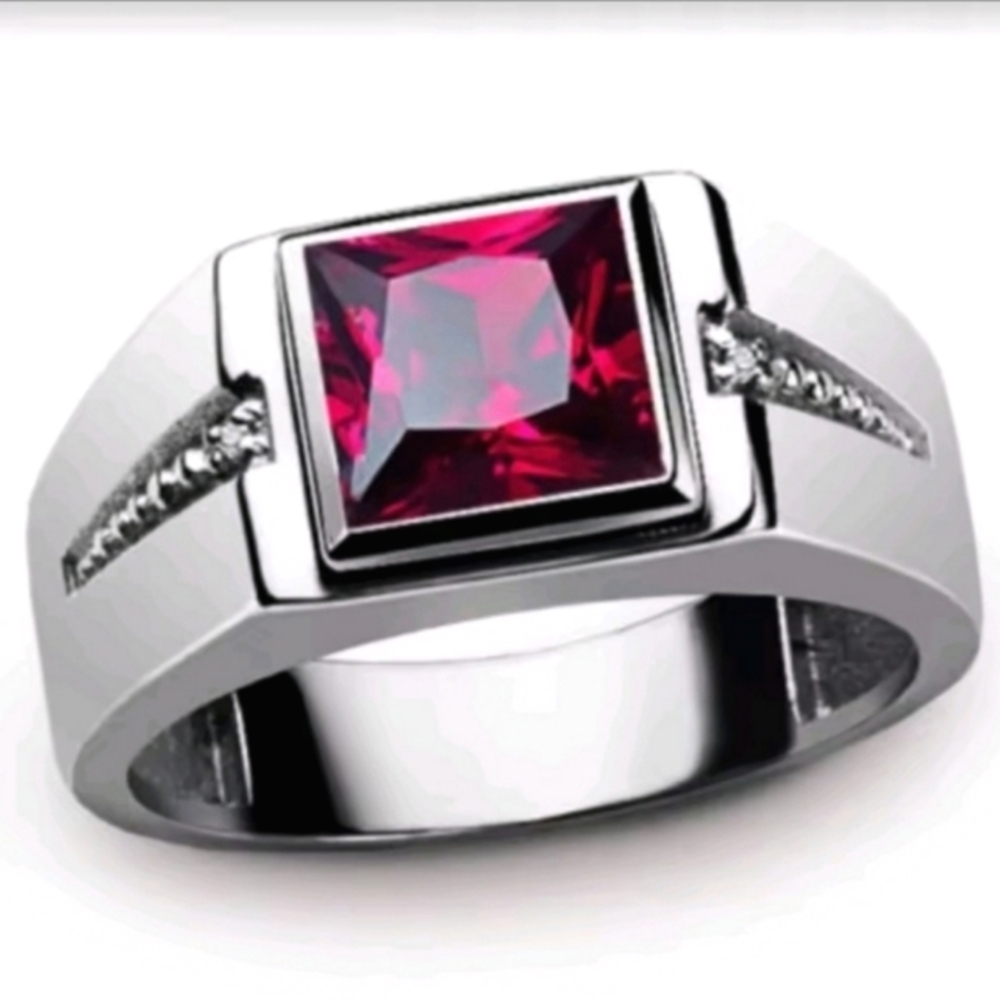 Elegant Mens Silver Ring with Red Gemstone Sz 11